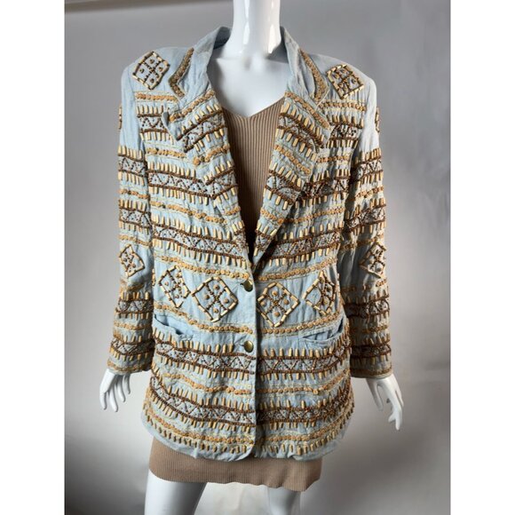 Sandy Starkman Chambray Embroidered Wood Beaded Cotton Jacket Vintage Size Large - Picture 10 of 16
